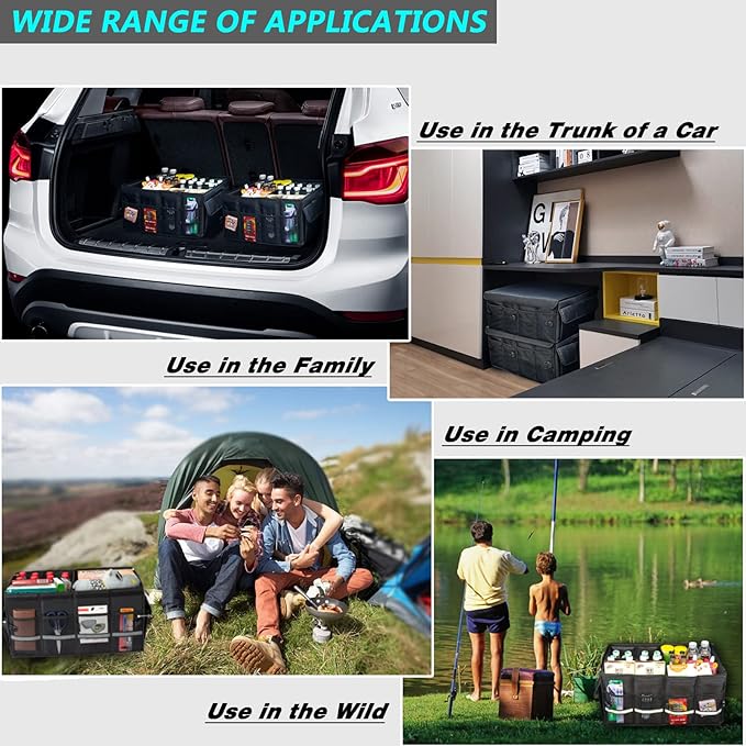 KEYOOG Sturdy Car Trunk Organizers and Storage, Waterproof Durable Collapsible Multi-Heavy Duty, Non-Slip Bottom & Adjustable Securing Straps - for Car, SUV, Truck, or Van (3 Compartments, Black)