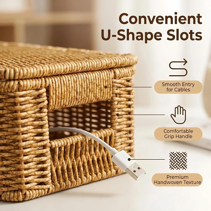 Cable Management Box,Handmade Rattan Cable Organizer, Open Slots Cords Hider Box Cord Basket Under Desk Cord Organizer for Computer Router USB Hub & Power Strip(Large Size 14")