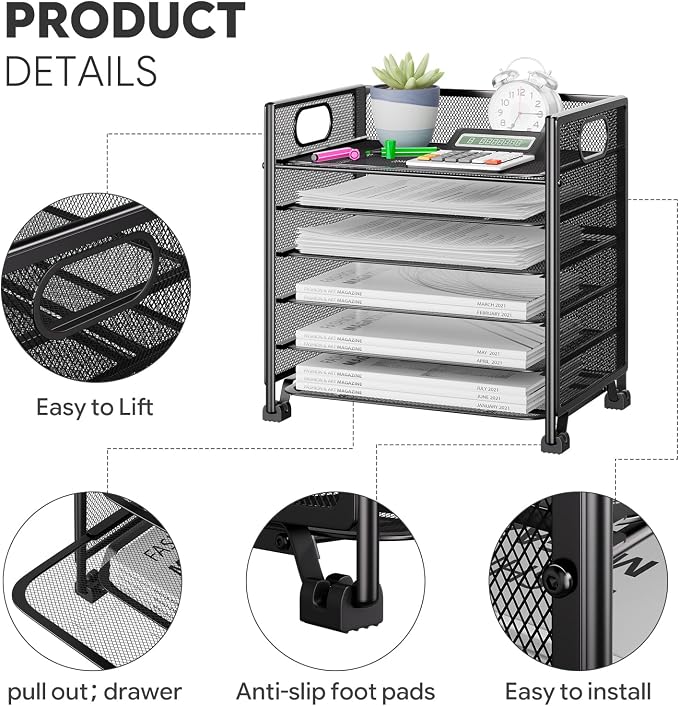 Simple Trending 6-Tier Letter Tray Organizer, Metal Mesh File Holder, Black | 6-Tier Large Capacity Paper Organizer | Metal Mesh | Non-Slip Feet | Tool-Free Assembly | 24H Support | Black for Office
