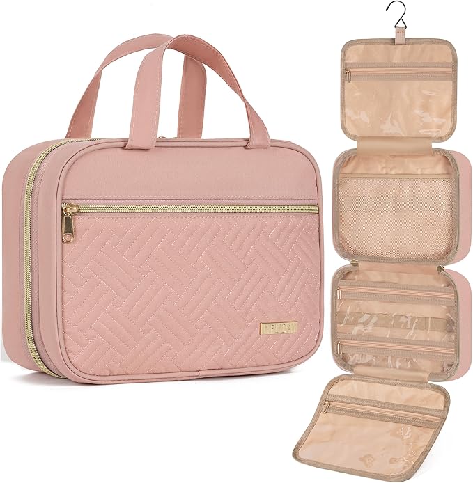 Travel Toiletry Bag for Women & Men Water Resistant Makeup Bag with Hanging Hook Portable Travel Organizer for Travel Accessories, Travel-Sized Shampoo, Toiletries (Large-Pink)