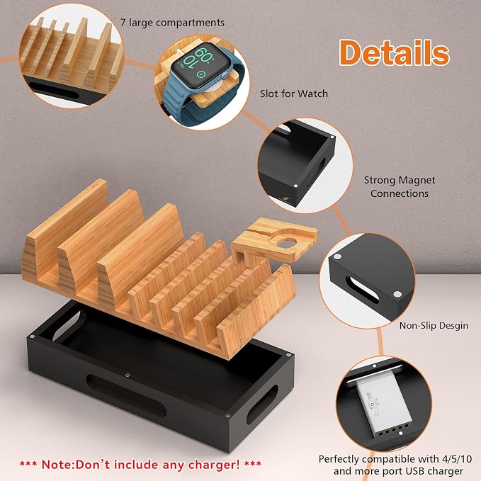 Pezin & Hulin Bamboo Charging Station Organizer for Multiple Devices & Wood Desktop Docking Charging Stand Such As Cell Phone, Tablets, Phone Case and Watch Stand(No USB Charger) (Natural + Black)