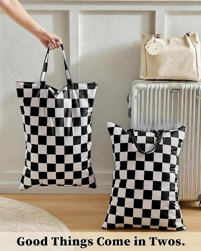 Ohocut Checkered 2 Pcs Large Travel Laundry Bags for Dirty Clothes, Aesthetic Trendy Waterproof Washable Laundry Bag with Handle for Travel, Gym, Swimming Pool Black and White