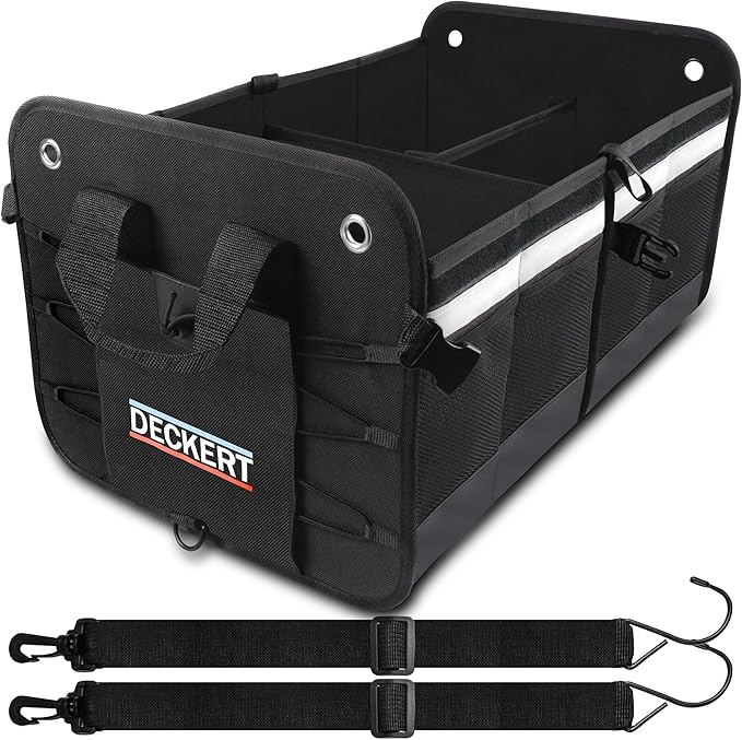 Deckert Car SUV Trunk Organizer, 600D Oxford Polyester, Collapsible, Multi compartments, Securing straps, Suitable for any car type, Black with Reflective Stripes