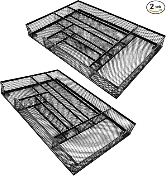 Desk Drawer Organizer Metal Mesh Drawer Organizer Tray for Office School or Home Supplies Desktop Storage Stationery, 6 Compartments, 12.6 x 8.27 x 1.57 inch，Black (2pc pack)