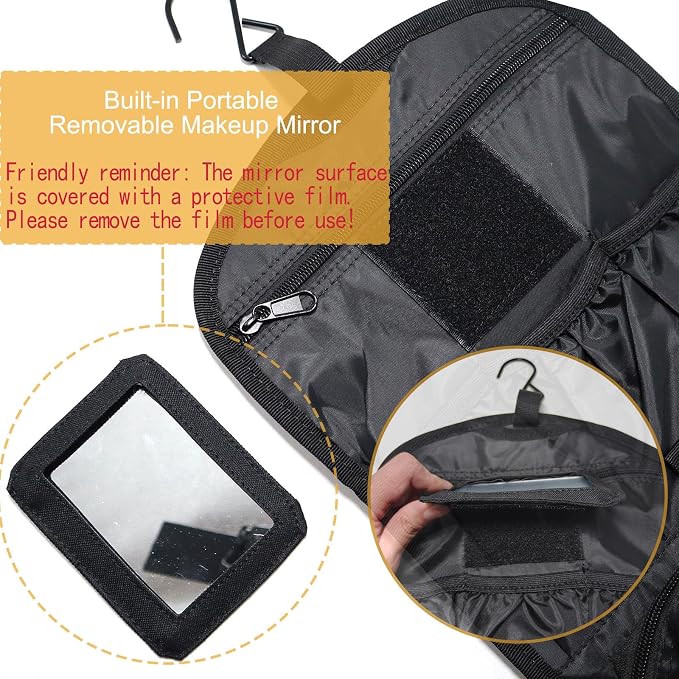 Hanging Toiletry Bag for Men Women, Travel Makeup with Mirror and Hook, EDC Military Tool Pouches Small Dopp Kit Mens Shaving Kit Travel shower Bags Black