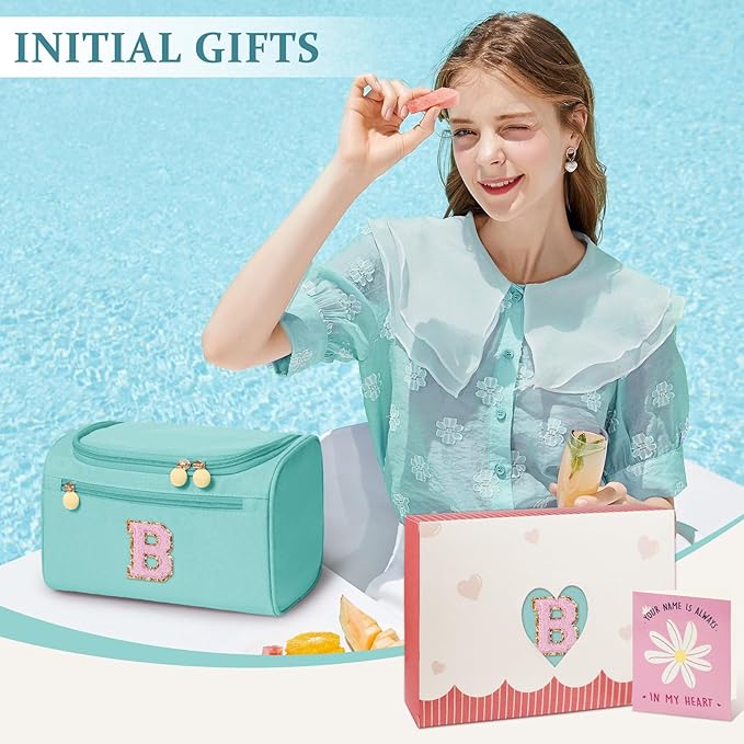 COSHAYSOO Initial Girls Hanging Travel Toiletry Bag Traveling Size Skincare Toiletries Bags Teen Girl Trip Gifts Favors, Summer Fall Camp Essentials for Teenage Sleepaway Sleepover Teal Blue Letter B