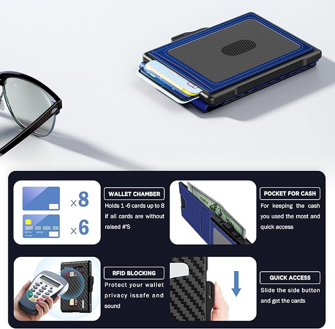 umoven Wallet for Men - Pop Up Case, Cash Slot, and Credit Card Slot - Slim Aluminum Wallet with RFID Blocking, Minimalist Leather Wallet Front Pocket with ID Window (Carbon Blue)