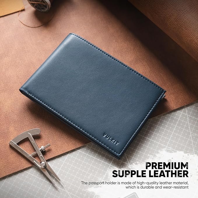 VULKIT Bilfold Passport Holder Leather RFID Blocking Passport Wallet with Hidden Pocket Slim Travel Documents Organizer for Men or Women (Passport, Card, Cash, Coin, SIM Card, Ticket)