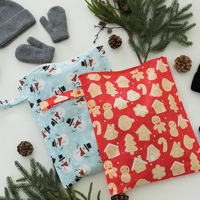 Tiny Twinkle Mess Proof Wet Bags | 2-Pack Reusable Waterproof Wet Bags for Swimsuits | Baby Clothes | Travel & Diaper Bag (Christmas Set)