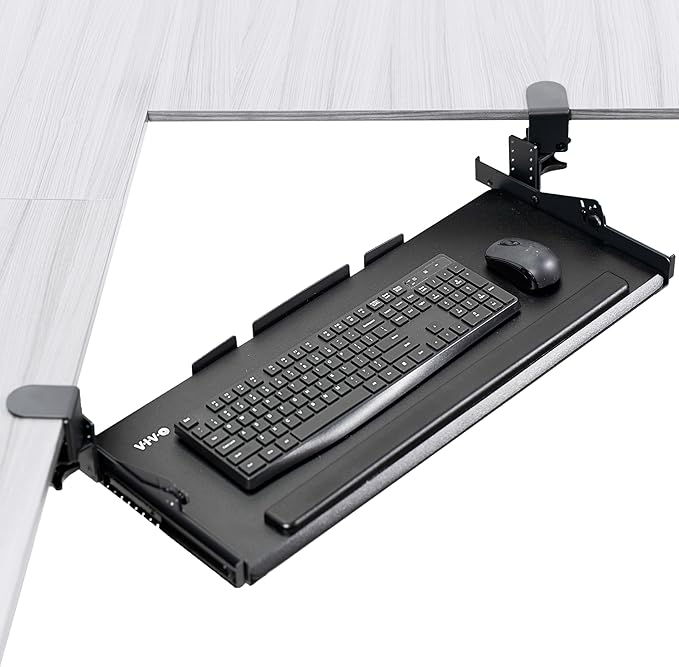 VIVO Premium Large Keyboard Tray with Height Adjustment, Tilt, Extra Sturdy Swivel C-Clamps for Corner Mounting, 27 (34 Including Clamps) x 11 inch Slide-Out Platform, Black, MOUNT-KB05HT