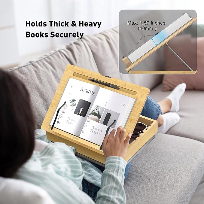 AboveTEK Book Stand for Reading with Storage, Adjustable Bamboo Book Holder with Soft Lap Cushion, Cookbook Stand, Hands-Free Book Reading Stand for Bed, Desktop & Kitchen Counter