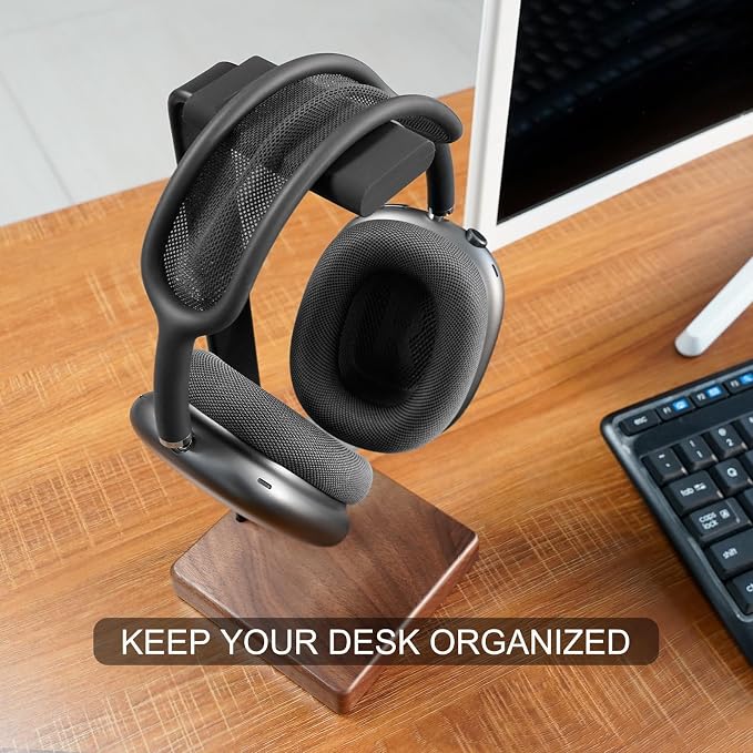 GEVO Headphone Stand Headset Holder - Headset Metal Mount Rack for Desk with Walnut Wooden Square Base for Gaming, AirPod Max, Bose, Sony, Razer, Jabra, JBL