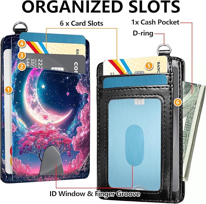 Slim RFID Blocking Card Holder Wallet with Wrist Strap - Minimalist Front Pocket Wallet, Sky Moon Design, PU Leathe, for Men & Women, Ideal for Travel & Gifts