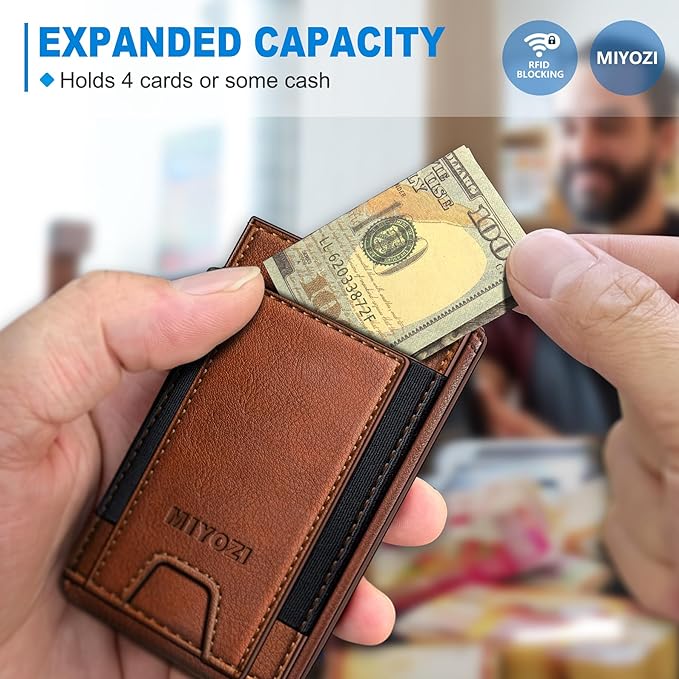 miyozi Wallet for Men, Slim Pop Up Card Holder - RFID Blocking Minimalist Bifold Wallet with ID Window, Holds 9-11 Cards & Stretchable Strap, Metal Flip Case with Magnetic Closure, Gift Box