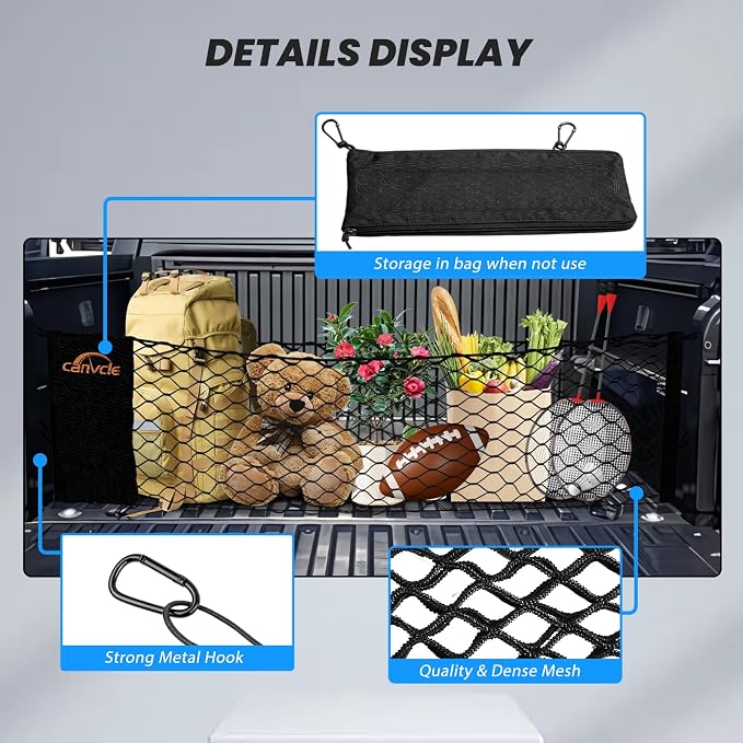 Truck Bed Cargo Net for Toyota Tacoma 2024-2026, Envelope Style Pickup Truck Bed Net for Tacoma Accessories, Upgraded Trunk Cargo Net Storage Bag with Metal Carabiners