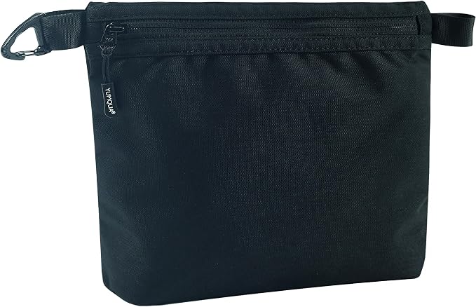 YUMQUA Small Pouch for Travel Essentials, Makeup Pouch Bag with Carabiner Clip on Backpack Dopp Kit Storage Organization for Toiletries, Cosmetics, Tech, Tools, Water Resistant 500D Nylon (Black)