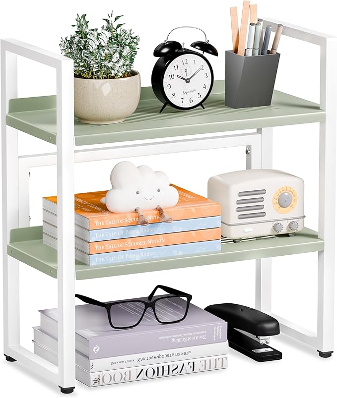 Brakki Desk Shelf Organizer, Adjustable 2 Tier Metal Desktop Shelves, Desktop Bookshelf Organization with Foot Mat, Multi-Functional Small Storage Rack for Office Dorm Home, White and Green