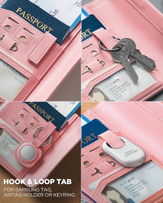 VULKIT RFID Blocking Leather Passport & Card Holder, Dual Person Travel Passport Wallet with Secure Magnetic Closure, Pink