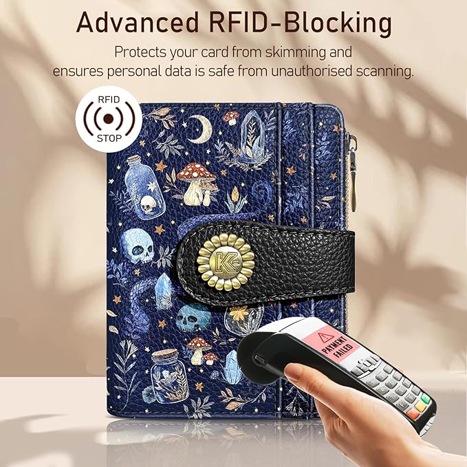 Kelvoris Skull Mushroom Snake Night Small Rfid Women Wallet Bifold Zipper Coin Pocket PU Leather Compact Cash Credit Card Holder Travel Wallet for Female Ladies Teen Girls 1 ID Window 10 Card Slots