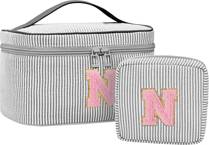 Initial Makeup Bag Cosmetic Bag Bridal Shower Gifts - Bridesmaid Bag,Bridesmaid Proposal Gifts for Wedding Day,Maid Matron of Honor Gift, Bride to be Gifts,Bachelorette Party Favors,2PCS,Black N