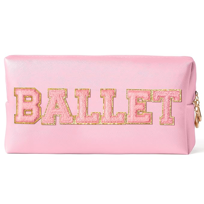 Y1tvei Ballet Cosmetic Bag for Girls - Preppy Patch BALLET Pink Chenille Letter Makeup Bag PU Leather Waterproof Portable Ballerina Makeup Pouch Dance Recital Travel Toiletry for Girl Dancer(Pink)