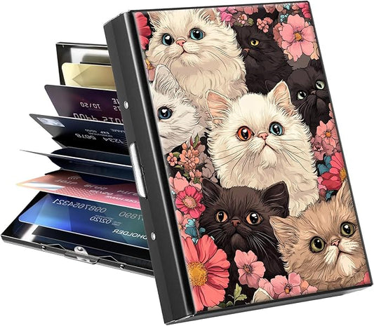 Metal Wallet, Credit Card Holder for Women Men Girls, RFID Blocking Aluminum Wallet Slim Hard Case, Mini Travel Wallet, ID Card Holder Business Card Case,Cats Flower
