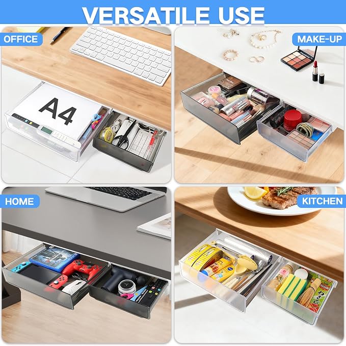 OSPNIEEK Self-adhesive Under Desk Drawer Organizer, 2 Pack Table Hidden Slide Out Large Storage Mounted Desktop Pencil Holder Tray Drawers for Office Home School Stationery Kitchen (XL+L, White)