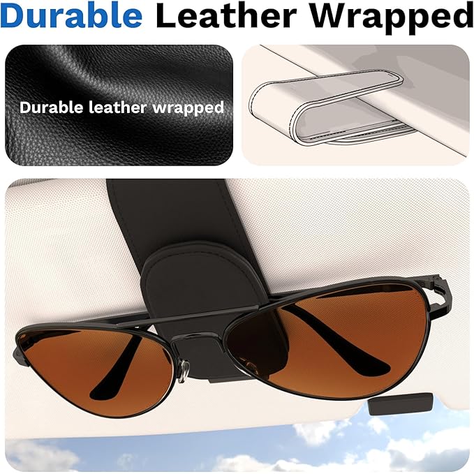 BFXM 2PCS Sunglass Holder for Car, Sunglasses Holder Eyeglass Hanger Clip Magnetic Leather for Car Visor, Cars Sun Visor Ticket Card Clip, Car Visor Accessories(Black)