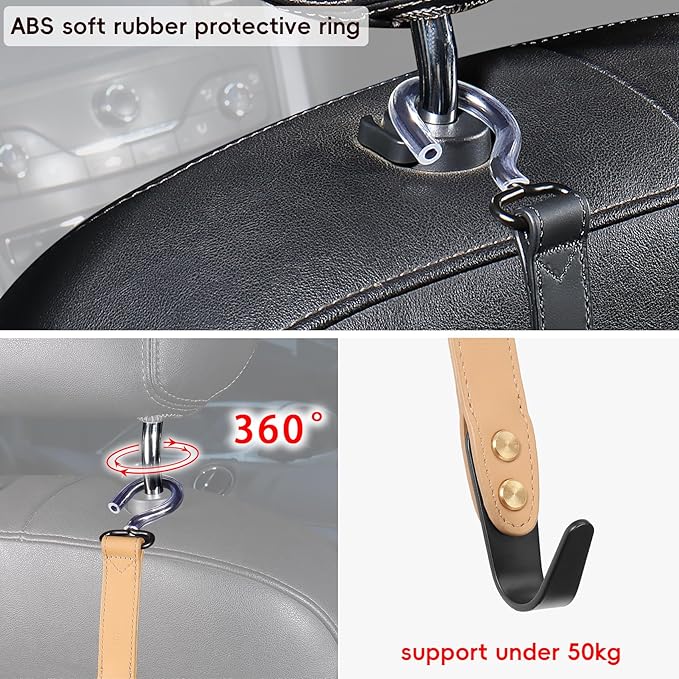 2-Pack Car Hook Holder - Leather Headrest Hooks for Purses & Bags, SUS304 (Light Brown)