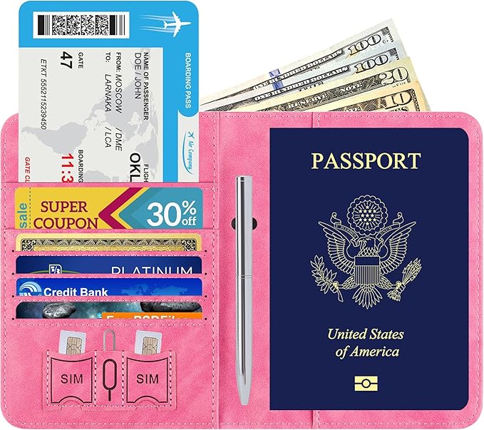 Passport Holder for Travel Essentials Wallet Rfid Blocking Cover Leather Case Vacation Travel Accessories for Women Men (602#Pink)