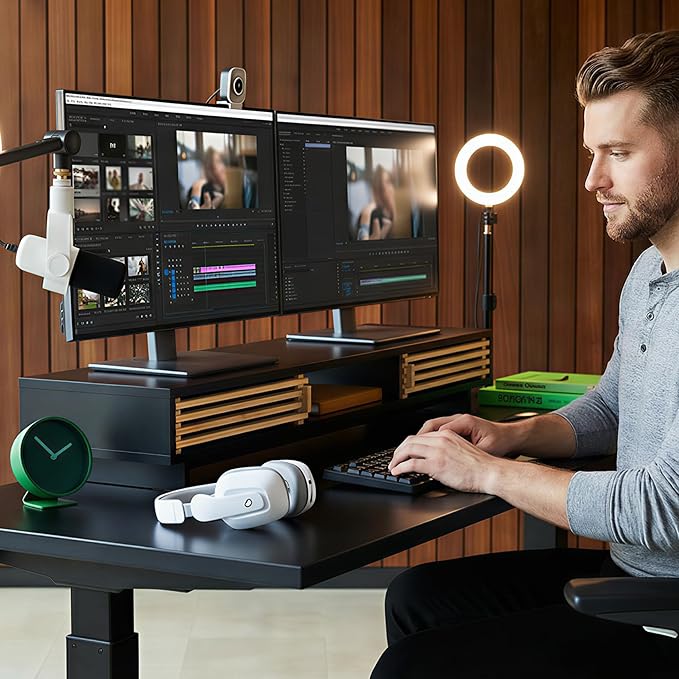 Dual Monitor Stand with Sliding Bamboo Doors - Heavy Duty Wood Computer Monitor Riser for 2 Screens, Ergonomic Desk Organizer with Storage & Keyboard Tray, Natural & Black (38 Inch)