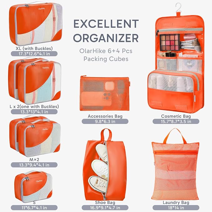 OlarHike 10 Set Packing Cubes for Travel, Gifts for Women Mom,Anti-Tearing Suitcase Organizer with Over-1000 pack Mesh Holes, Vacation Essentials & Accessories for Cruise Ship