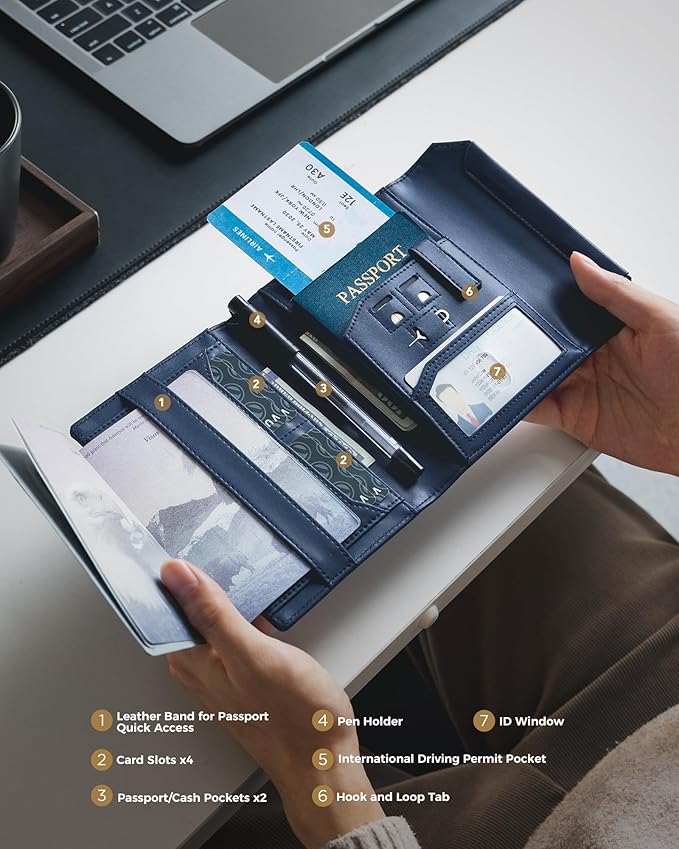 VULKIT RFID Blocking Leather Passport & Card Holder, Dual Person Travel Passport Wallet with Secure Magnetic Closure, Blue