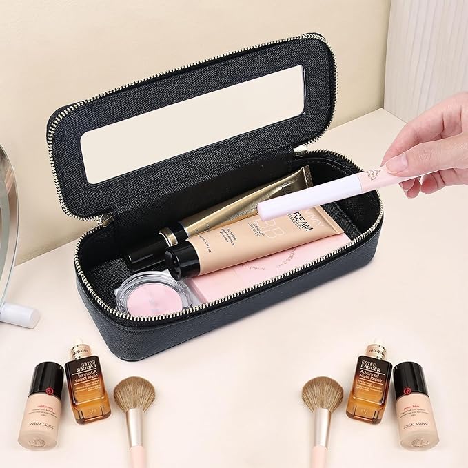 Pinkmik Makeup Brush Bag Slim Clear Makeup Bag Transparent Travel Cosmetic Case & Toiletry Bag with Zipper Small Beatuy Makeup Bag Purse Organizer for Women (Black, SLIM)