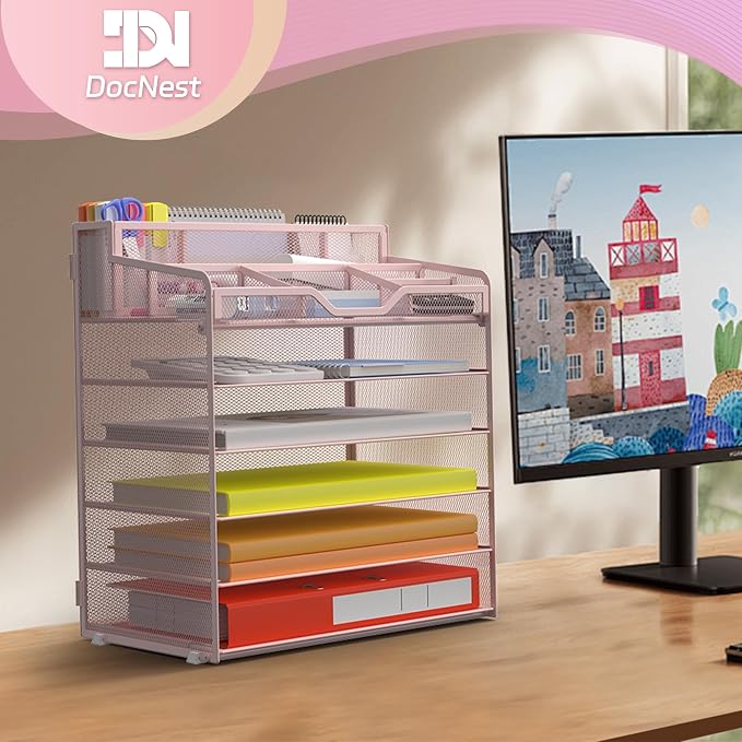 Docnest 6 Tier Mesh Desk Organizer for Paper Office Supplies – Multi-Functional Letter Tray with 5 Adjustable Compartments, 9 Pen Holders, Desktop Storage for Files, Mail, Stationery – Pink