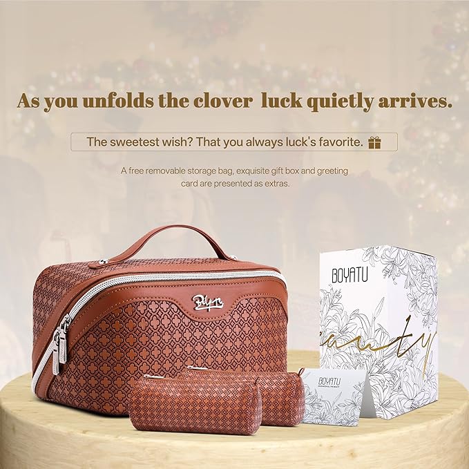 BOYATU Travel Makeup Bag for Women: Four Leaf Clover Large Capacity 3 Pcs Set Cosmetic Bags - Waterproof 50% Extra Space for Toiletry Organizer - Travel Essentials for Fortunate (10 Red Brown)