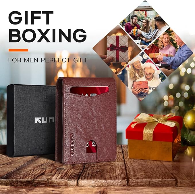 RUNBOX Wallet for Men Slim Leather Bifold RFID Blocking Minimalist Front Pocket Design with Gift Box
