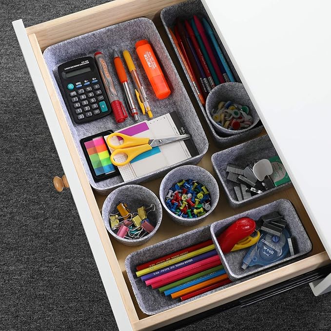 Welaxy 8-piece desk drawer organizer trays felt shallow bin for pens notes Jewlery Watches, home office dorm minimalist living gift solutions (Gray)