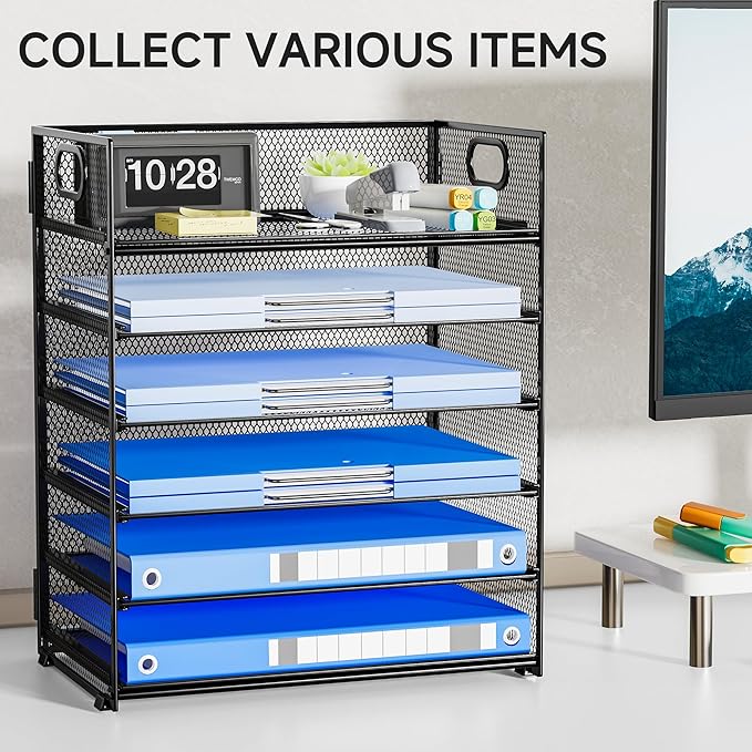 6-Tier Paper Organizer for Desk with Handle, Heavy Duty Metal File Organizer | Stackable Desktop Organizer for Office Supplies, Documents and Stationery Storage