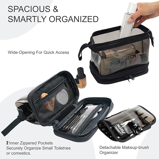 Rough Enough Clear Cosmetic Bag for Women and Men, Leakproof Travel Makeup Organizer, with Detachable Brush Pouch, Large Opening, 6.5”x5”x8.5”, Black