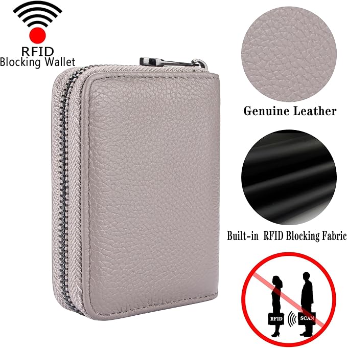 Suweibuke Genuine Leather Credit Card Holder Zipper Wallet RFID Blocking Secure Card Case ID Case Organizer (Grey)