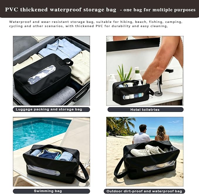 Waterproof Wet Dry Bag, Flattenable Compression Travel Toiletry Bag, Leakproof Foldable Storage Pouch for Swimsuit Towel Gym Clothes, Portable Cosmetic Organizer for Men Women Luggage (Black)