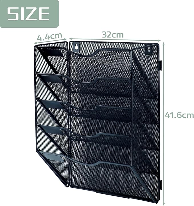 5 Tier Mesh Hanging File Organizer Vertical Wall File Organizer Wall File Holder for Office School Home, Black