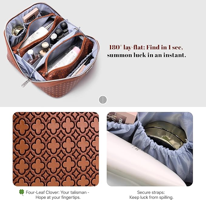 BOYATU Travel Makeup Bag for Women: Four Leaf Clover Large Capacity 3 Pcs Set Cosmetic Bags - Waterproof 50% Extra Space for Toiletry Organizer - Travel Essentials for Fortunate (10 Red Brown)
