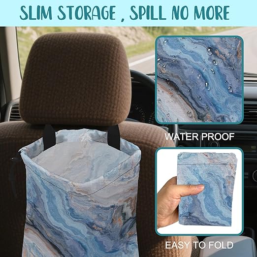 Car Garbage Bag Abstract Blue and Gold Marble Hanging Canvas Car Trash Bag Waterproof Drawstring Car Back Seat Organizer for Car Back Front Seat Console with Adjustable Buckle