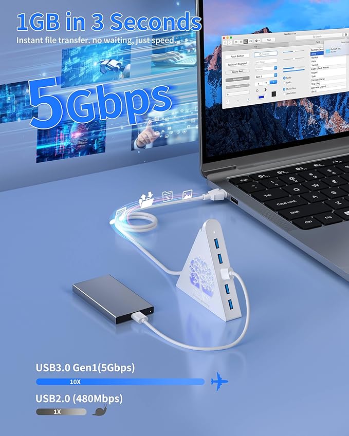 7-Port USB 3.0 Hub, White Vertical USB Hub Splitter with Tree-Shaped RGB Lighting, 5Gbps High-Speed Transfer, 2FT Extension Cable, Compatible with PC, MacBook, Laptop, Flash Drive, Printer