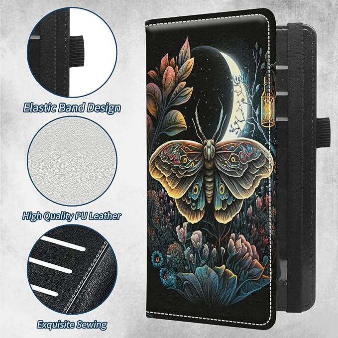 Checkbook Covers for Personal Checkbook Duplicate Checks RFID Blocking Checkbook Cover for Women Men with Elastic Strap Card Slots Pen Holder - Moth Moon Flower Floral