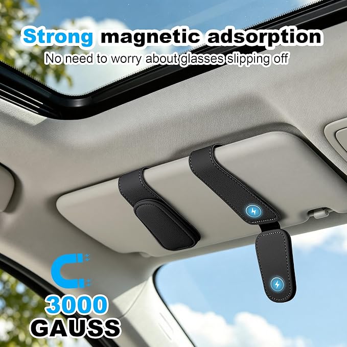 Sunglass Holder for Car Visor Magnetic Leather Visor Sunglasses Clip Eyeglass Hanger Clip for Car Sun Visor Black 1 Pack
