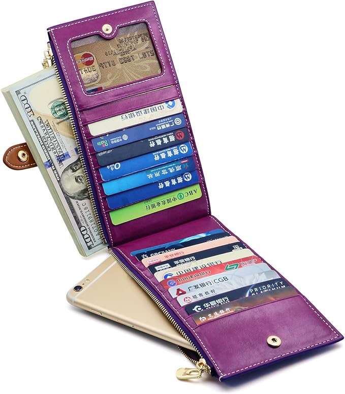 ANDOILT Women's Genuine Leather Wallet RFID Blocking Credit Card Holder Zipper Purse Cell Phone Handbag