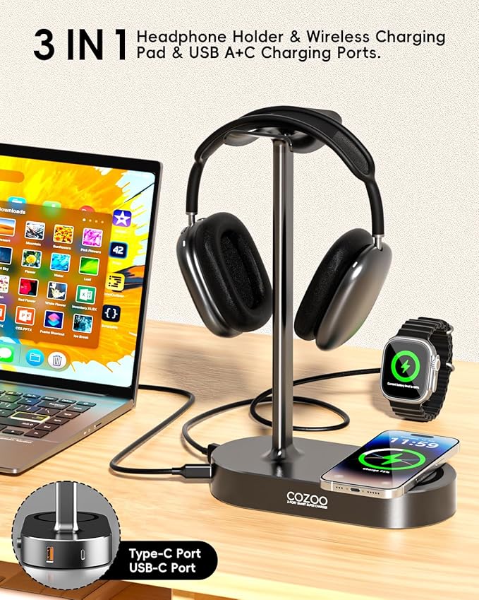 cozoo 15W Wireless Charging Headphone Stand with USB & Type-C Ports, Desktop Gaming Headset Holder, Cool Gaming Accessories & Tech Gifts for Men Teen Boys,Gamer Gifts, for Boyfriend and Teens